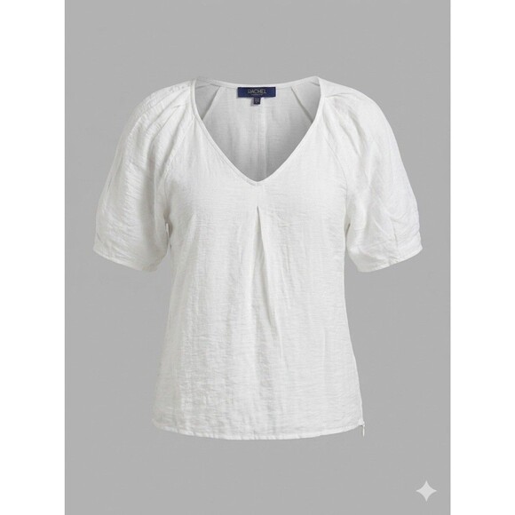 Zac & Rachel Tops - Rachel Roy White V-Neck Blouse L Puff Short Sleeve Slub Rayon Boho Minimalist